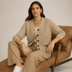 EVERLANE Chunky Texture Cotton Knit Button Down Cardigan Tan Taupe Sz XS {3L32}